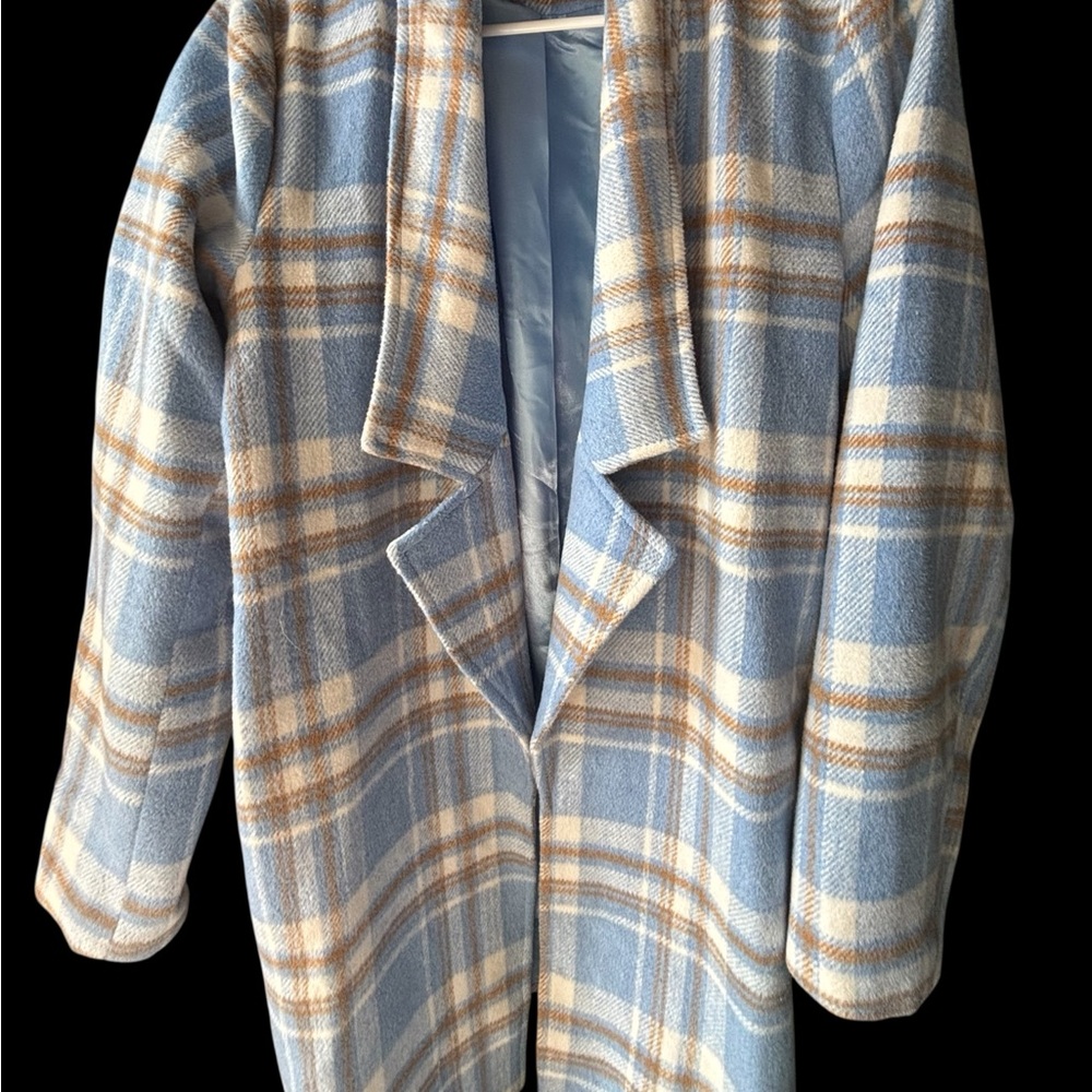 Andree Plaid Longline Plaid Jacket Blue,Cream,Tan Coat lined Small Open front